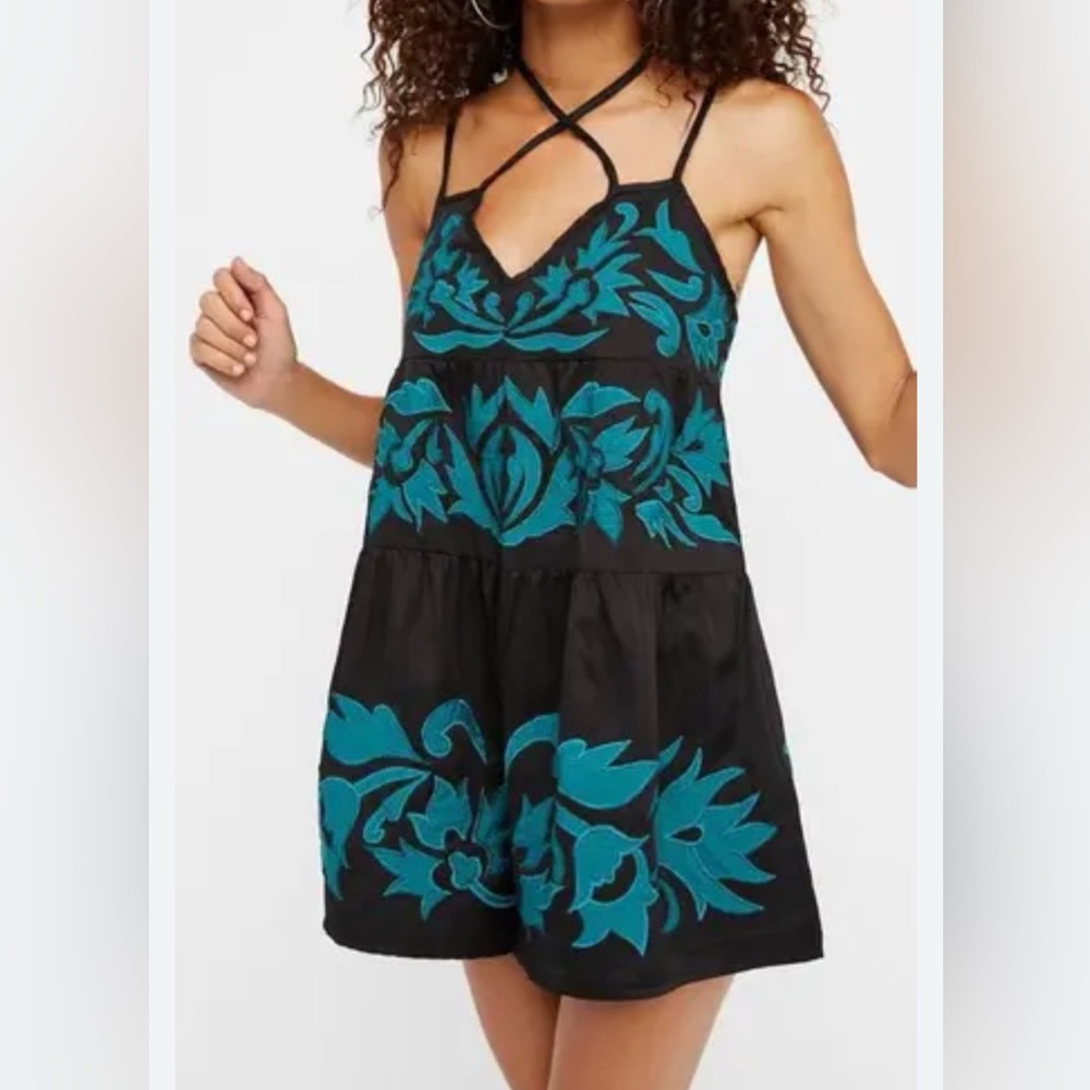 Free People Everblue Romper Womens Small Black Blue Boho Festival Romper